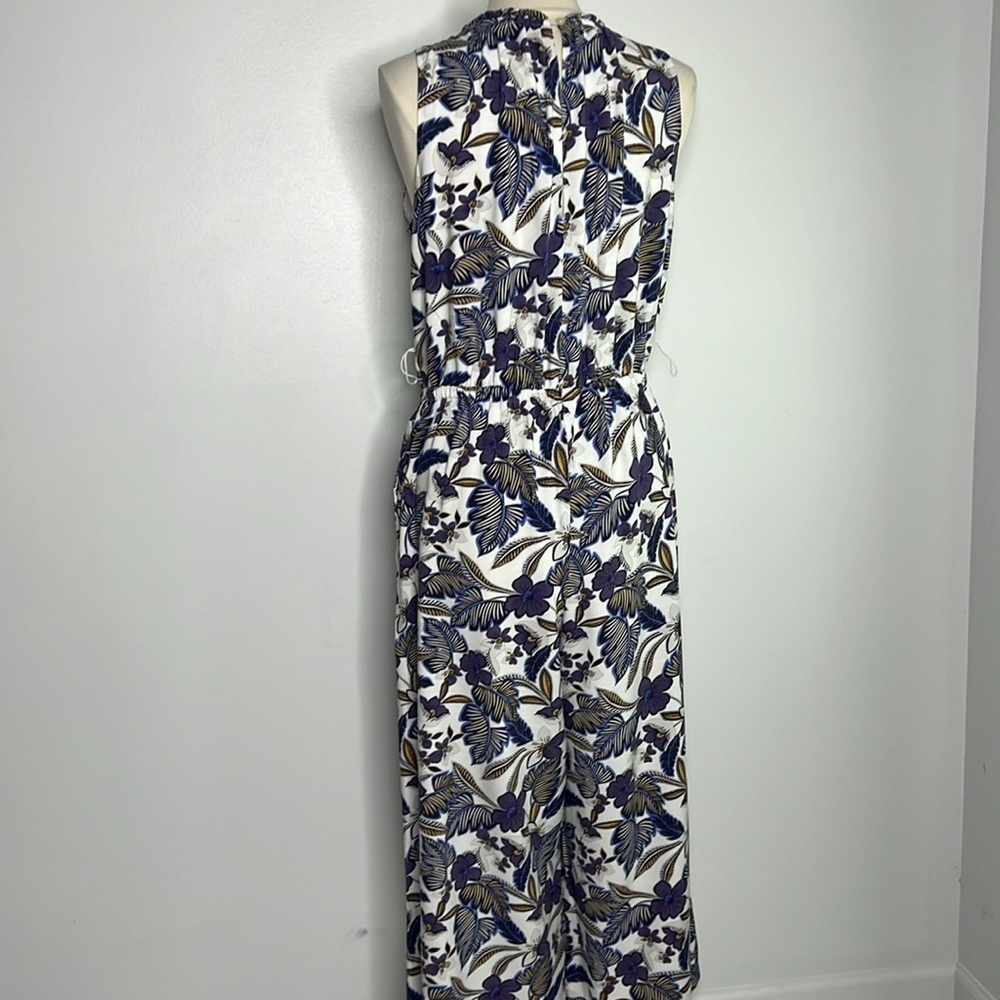 LOFT Purple linen tropical floral print Ruffle Neck Jumpsuit Wide Leg large - Picture 7 of 11